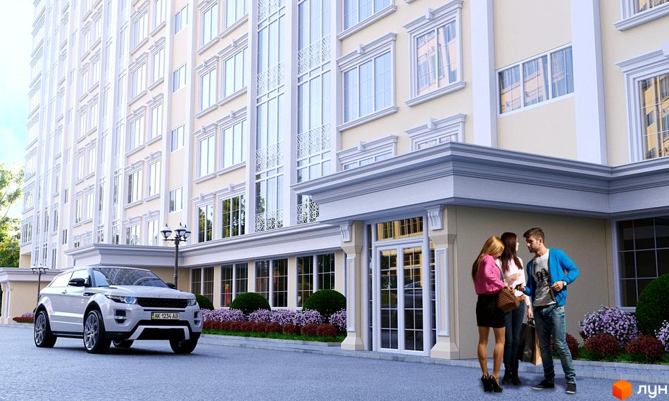 Житловий комплекс Grand Royal. Фасад будівлі виконаний у світлих тонах з великою кількістю вікон. На прибудинковій території розташовані клумби з квітами та автомобіль.