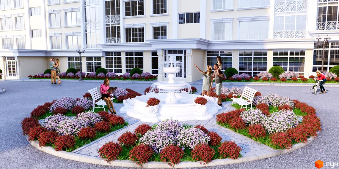 Житловий комплекс Grand Royal з білосніжним фасадом, великими вікнами та декоративними елементами. На прибудинковій території розташований фонтан, клумби з квітами та лавки для відпочинку.