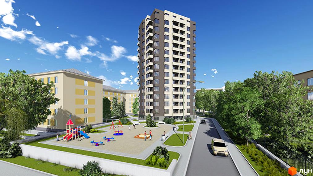 Новобудова на вул. Лукаша, 2 з дитячим майданчиком та зеленими насадженнями. Сучасний житловий комплекс з високою будівлею та прилеглою територією.