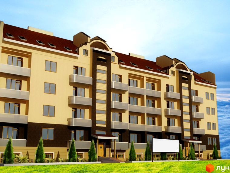 Зображення фасаду будинку Житловий комплекс Грибний з балконами та вікнами. На передньому плані зелена трава та дерева, вдалині блакитне небо.