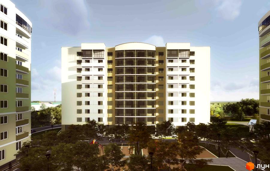 Зовнішній вигляд будинку житлового комплексу Липова Алея. Навколо будинку розташовані дерева та дитячий майданчик.