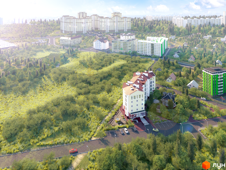 Житловий комплекс Мандарин з білими будівлями з червоними дахами. На прибудинковій території є парковка, дерева та зелені насадження.