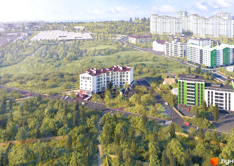 Житловий комплекс Мандарин. Багатоквартирний будинок з білими фасадами та червоним дахом. На території комплексу є зелені насадження та дорога.