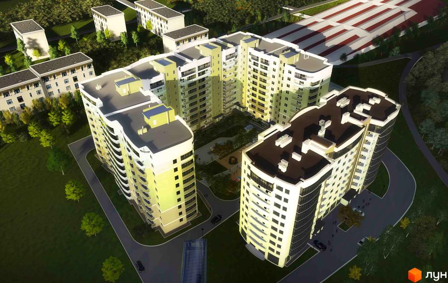 Житловий комплекс Липова Алея з жовто-білими фасадами та темними дахами. Навколо комплексу зелена територія з деревами та доглянутими газонами.