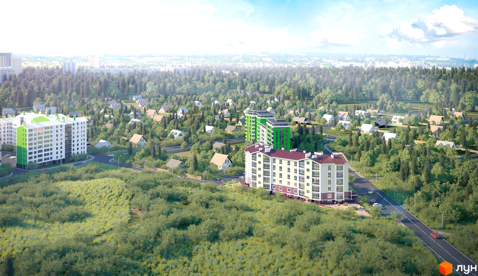 Житловий комплекс Мандарин. Багатоповерхові будинки з білими фасадами та зеленими дахами розташовані серед зелені. На території є дорога та дерева.