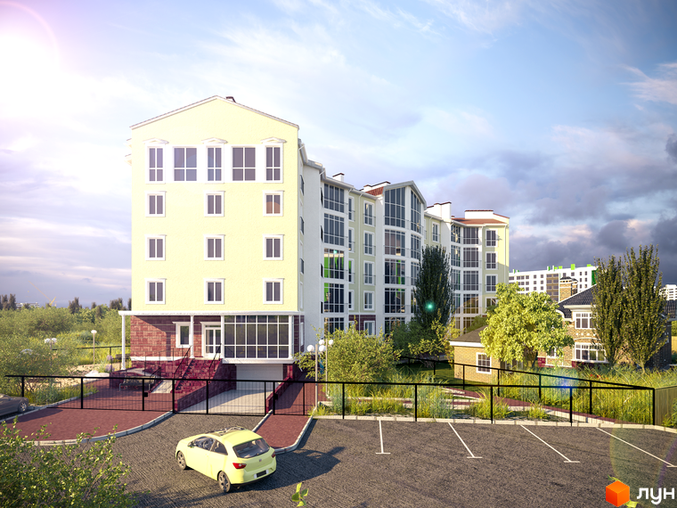 Зображення фасаду багатоповерхового будинку ЖК Мандарин. На передньому плані парковка з розміткою, а також зелені насадження.