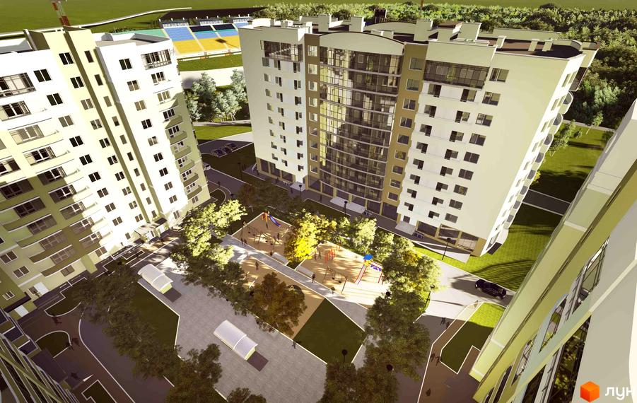 Житловий комплекс Липова Алея: висотні будинки з панорамним склінням та дитячим майданчиком у дворі. Сучасний житловий район із зеленими зонами та спортивними об'єктами.