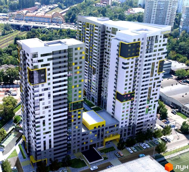 Зображення Житлового комплексу Campus з висоти пташиного польоту. На фото видно багатоповерхові будинки та прибудинкову територію з паркінгом.