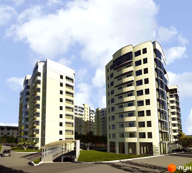 Житловий комплекс Липова Алея: багатоповерхові будинки світло-жовтого кольору з балконами та панорамними вікнами. Прибудинкова територія з газоном, деревами та паркуванням.