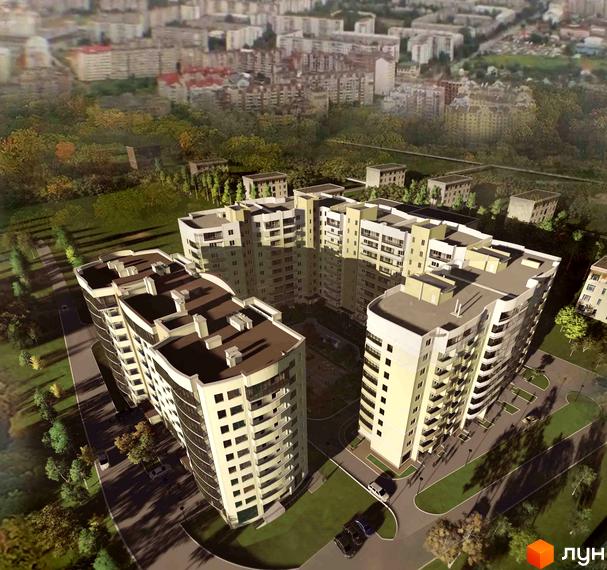 Житловий комплекс Липова Алея - сучасна новобудова з вигнутими фасадами та балконами. Навколо будівель зелена прибудинкова територія з деревами та парковками.