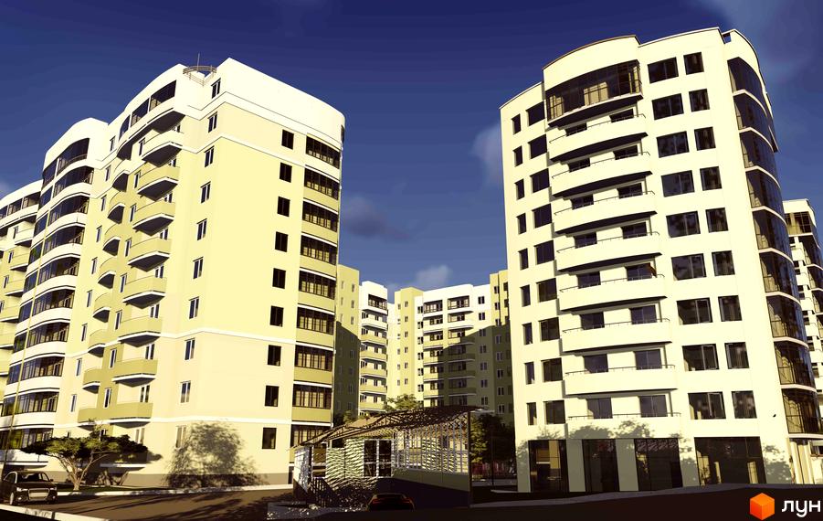 Житловий комплекс Липова Алея: сучасні багатоповерхові будинки світло-жовтого кольору з балконами та панорамними вікнами, прибудинкова територія з деревами та авто.