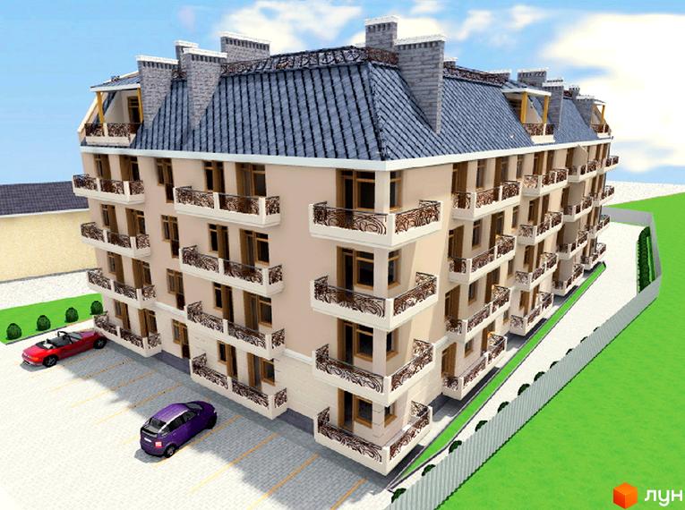 Багатоповерховий будинок ЖК Ажур з балконами та паркуванням. На території комплексу є зелені насадження та доріжки.