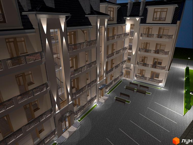 Зображення сторінки житлового комплексу Ажур. Багатоквартирний будинок з балконами та панорамними вікнами. На прибудинковій території є парковка та лавки для відпочинку.