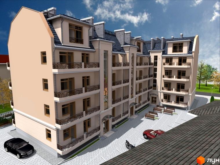 Зображення ЖК Ажур. Багатоповерховий будинок з балконами та вікнами. На території є парковка для автомобілів та лавки для відпочинку.