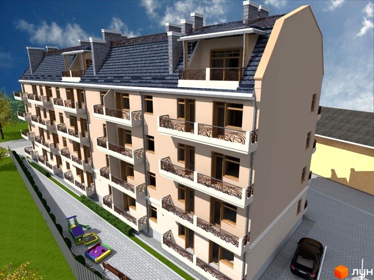 Зображення ЖК Ажур. Багатоповерховий будинок з балконами та вікнами. Поряд з будинком розташована прибудинкова територія з парковкою та дитячим майданчиком.