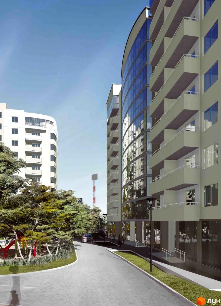 Новобудова ЖК Липова Алея з вигнутим фасадом та балконами. Поруч дитячий майданчик та зелена зона.