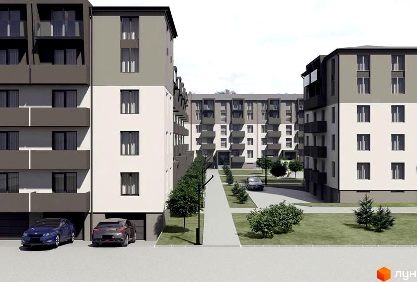 Житловий комплекс Вишневий. Багатоповерхові будинки з білими та сірими фасадами. На території комплексу є зелені насадження, алеї та парковка для автомобілів.