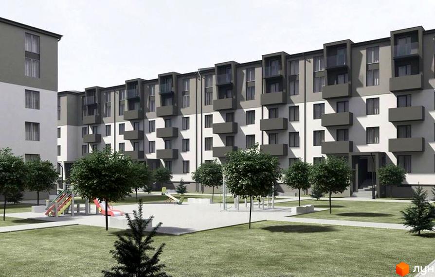 Зображення житлового комплексу Вишневий. Багатоквартирний будинок з балконами, на території дитячий майданчик та зелені насадження.