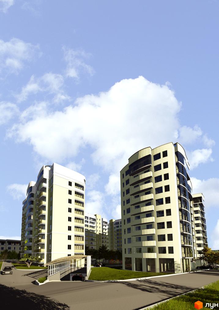 Житловий комплекс Липова Алея: сучасні багатоповерхові будинки світло-жовтого кольору з панорамними вікнами та балконами. Прибудинкова територія з доглянутими газонами та парковкою.