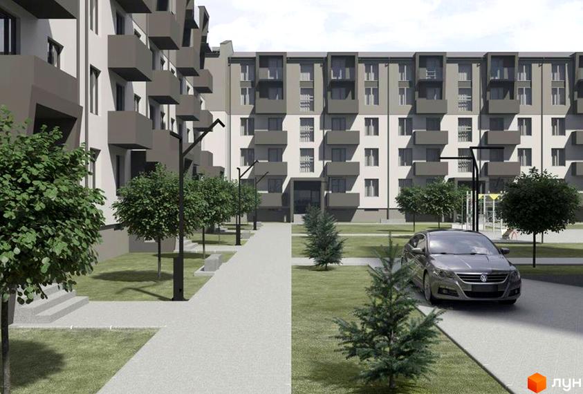 Житловий комплекс Вишневий з фасадом у світлих тонах. На території є зелені насадження, доріжки та парковка для автомобілів.