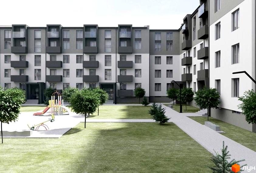 Зображення житлового комплексу Вишневий. Багатоповерховий будинок з білими та сірими фасадами. На території є дитячий майданчик та зелені насадження.
