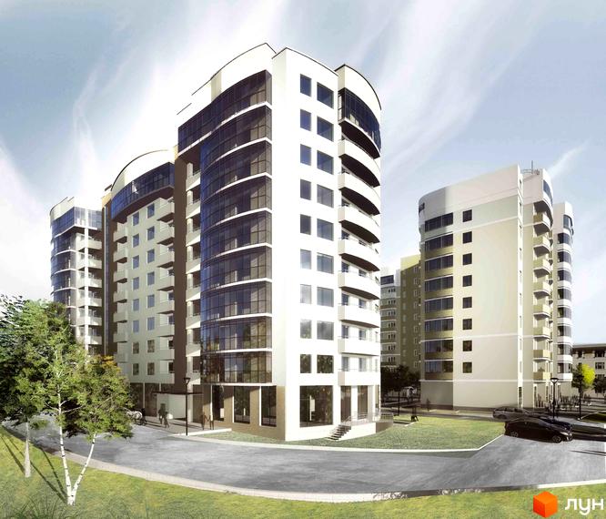 Новобудова ЖК Липова Алея з вигнутими фасадами та великими вікнами. Прибудинкова територія з зеленими насадженнями та дорогою.