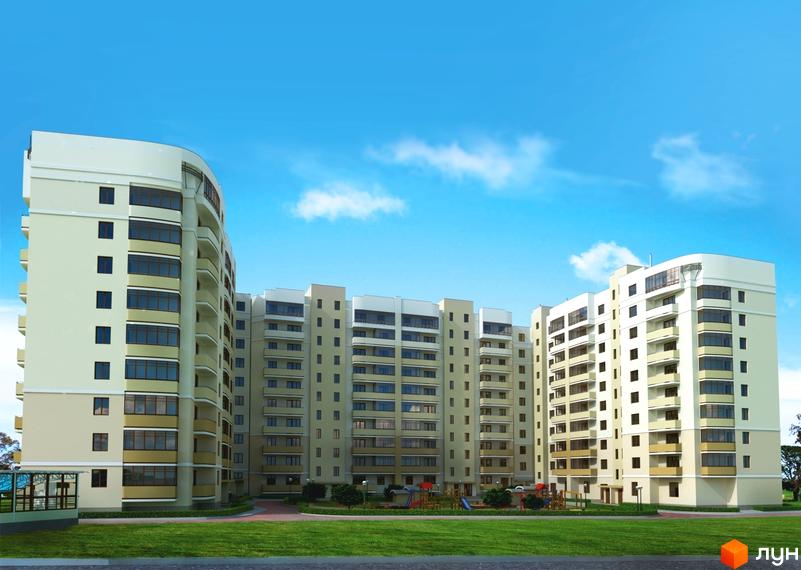 Житловий комплекс Липова Алея - багатоповерхові будинки світло-бежевого кольору з великою кількістю вікон та балконів. Прибудинкова територія з зеленими газонами та дитячим майданчиком.