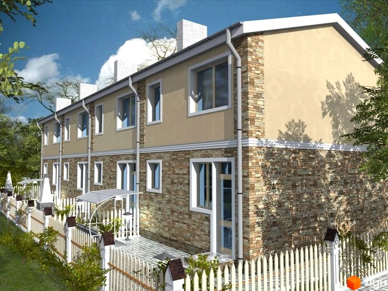 Зображення сторінки житлового комплексу Таунхаус „Дмитрівка“. Двоповерхові будинки з кам'яним облицюванням, білими вікнами та огорожею з білого дерева.