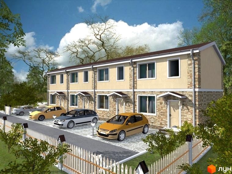 Зображення житлового комплексу таунхаус „Дмитрівка“. Двоповерхові будинки з пісочним фасадом та коричневим дахом. Перед будинками парковка, огороджена білим парканом.