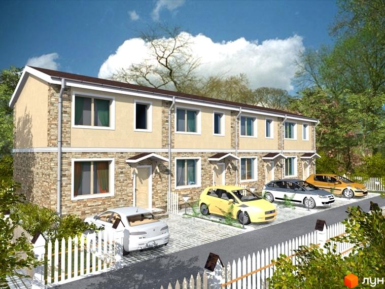 Зображення сторінки житлового комплексу Таунхаус „Дмитрівка“. Двоповерховий будинок з кількома секціями, облицьований каменем, з парковкою для автомобілів перед будинком.