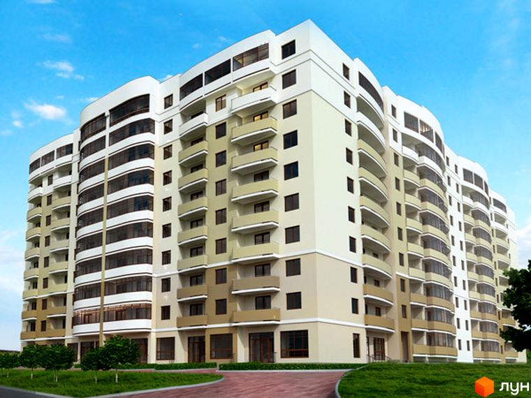 Житловий комплекс Липова Алея - багатоповерховий будинок з вигнутими фасадами та балконами. Навколо будинку зелена прибудинкова територія з доріжками.