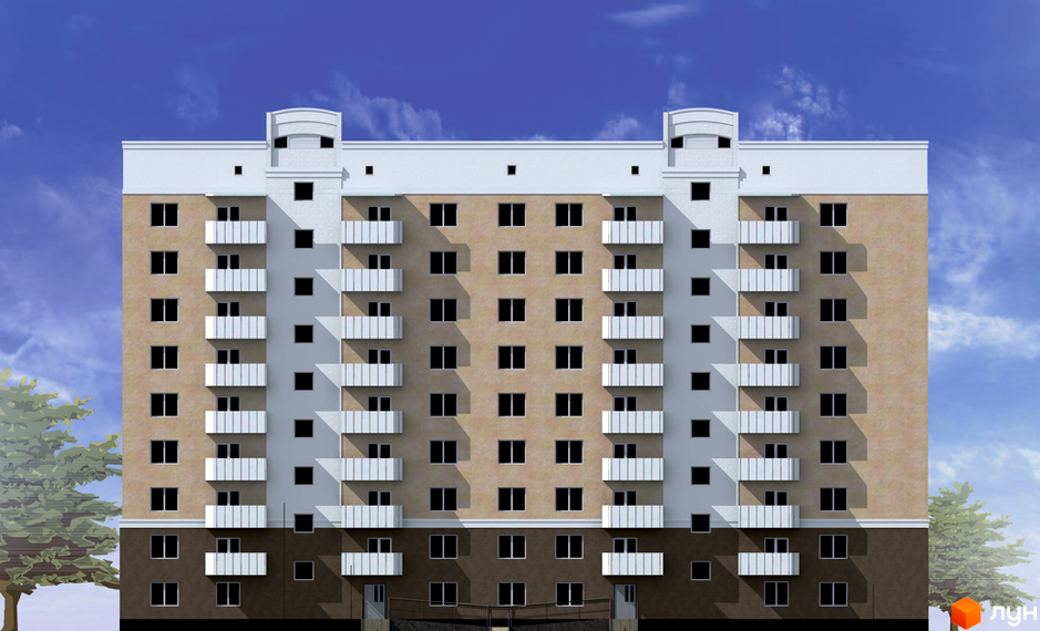 Зображення фасаду багатоповерхового будинку. Білі балкони, коричневі та бежеві стіни, темні вікна. Поруч зелені дерева.