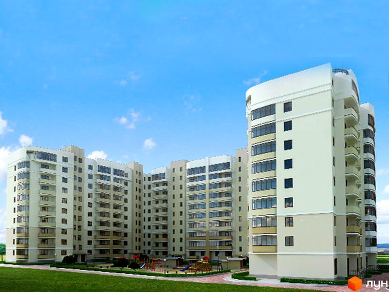 Житловий комплекс Липова Алея. Зовнішній вигляд багатоповерхових будинків з балконами та великою кількістю вікон. На прибудинковій території розташований дитячий майданчик.