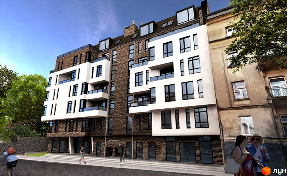 Зображення фасаду будинку на вулиці Зарицьких, 5. Новобудова з білими балконами та великими вікнами, поруч пішохідна зона.