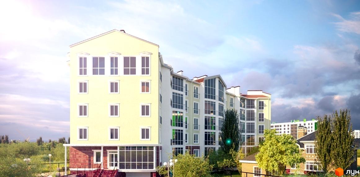 Багатоповерховий будинок ЖК Мандарин з великими вікнами та світлим фасадом. На прибудинковій території зелені насадження та інші будівлі.