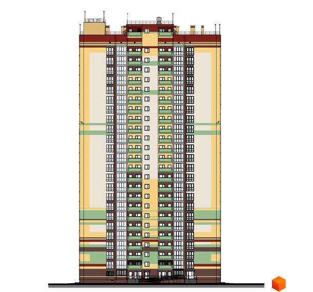 Фасад житлового комплексу ЖК Еврика з численними вікнами та балконами, виконаний у світлих тонах з коричневими та зеленими акцентами. Будинок має багатоповерхову структуру.