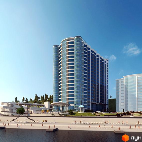 Багатоповерховий будинок Морська симфонія з вигнутим фасадом та скляними балконами. Поруч розташована набережна з відпочиваючими та зеленою зоною.