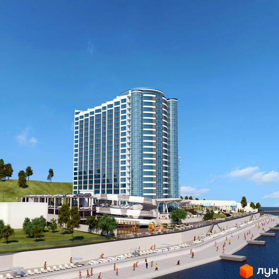 Житловий комплекс Морська симфонія з сучасним фасадом та прибудинковою територією біля води.