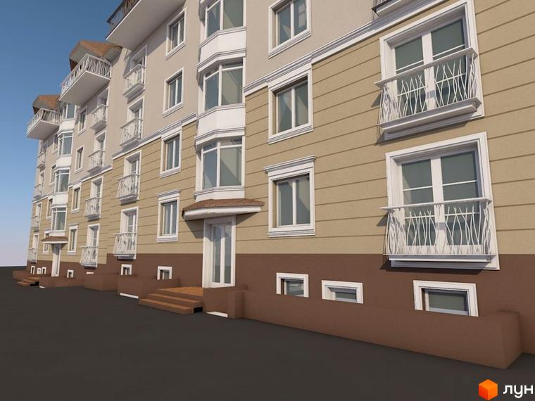 Фасад будинку житлового комплексу на вул. На Нивах, 13а. Багатоквартирний будинок з балконами та еркерними вікнами.