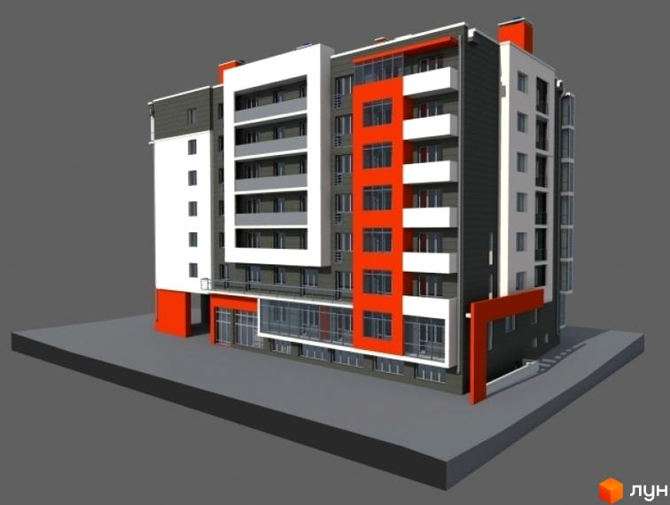 Багатоповерхова новобудова на вул. Замарстинівська, 79, з білими, темно-сірими та помаранчевими фасадами, балконами та скляними вітринами на першому поверсі.