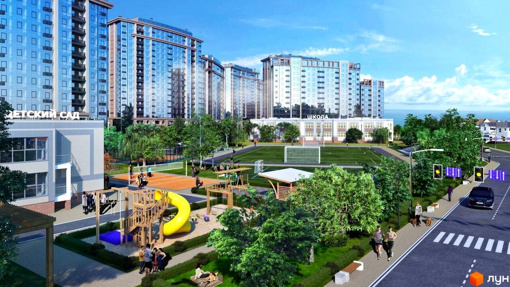 Житловий район з багатоповерховими будинками та дитячим садком. На території є спортивний майданчик, дитячий майданчик та зелені насадження.