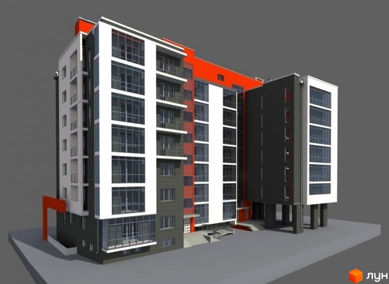 Житловий комплекс на вул. Замарстинівська, 79 з білими, сірими та помаранчевими фасадами, великими вікнами. Прибудинкова територія з вимощенням, сходами та пандусом.