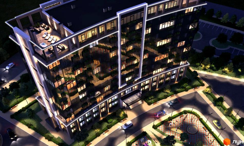 Висотна будівля з панорамними вікнами та підсвічуванням. На території комплексу є дитячий майданчик та зелені насадження.