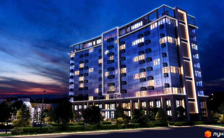 Висотна будівля житлового комплексу з панорамними вікнами та балконами. На прибудинковій території висаджено дерева та кущі, є вуличне освітлення.