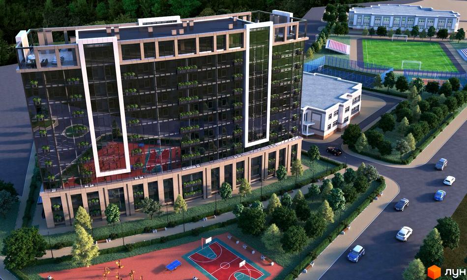 Висотна будівля житлового комплексу з панорамними вікнами та озелененням на фасаді. На території розташовані спортивні майданчики, дитячий майданчик та зелені насадження.