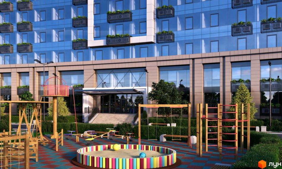 Зображення фасаду багатоповерхового будинку з великими вікнами та озелененням. На території ЖК облаштовано дитячий майданчик з пісочницею та гойдалками.