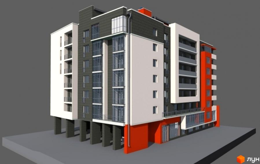 Новобудова на вул. Замарстинівська, 79 з багатоповерховим фасадом у білих, темно-сірих та помаранчевих кольорах, з балконами та великими вікнами на першому поверсі.