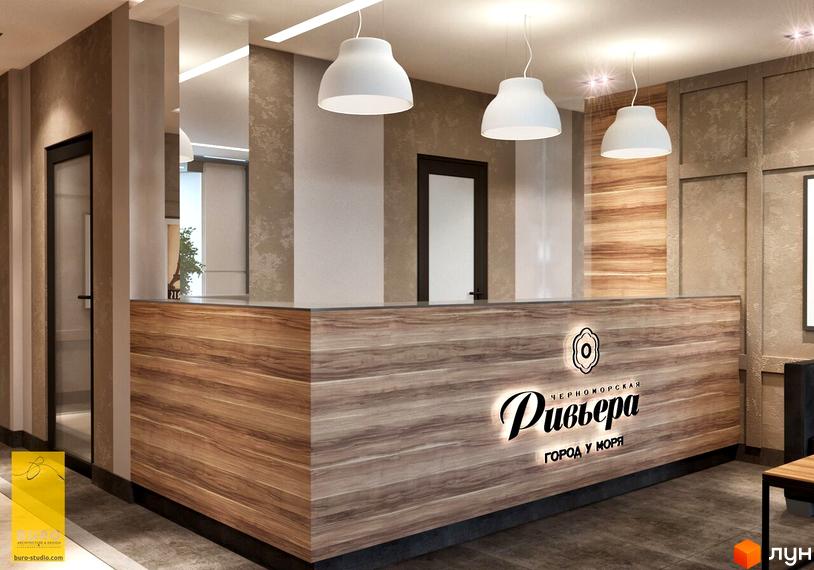 Інтер'єр ЖК «Рів'єра». Ресепшн з логотипом житлового комплексу, підвісні світильники та двері. Дизайн інтер'єру в нейтральних тонах.
