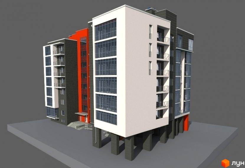 Багатоповерховий житловий будинок за адресою вул. Замарстинівська, 79 з білим, сірим та червоним фасадом, великими вікнами та балконами. Прибудинкова територія вимощена.