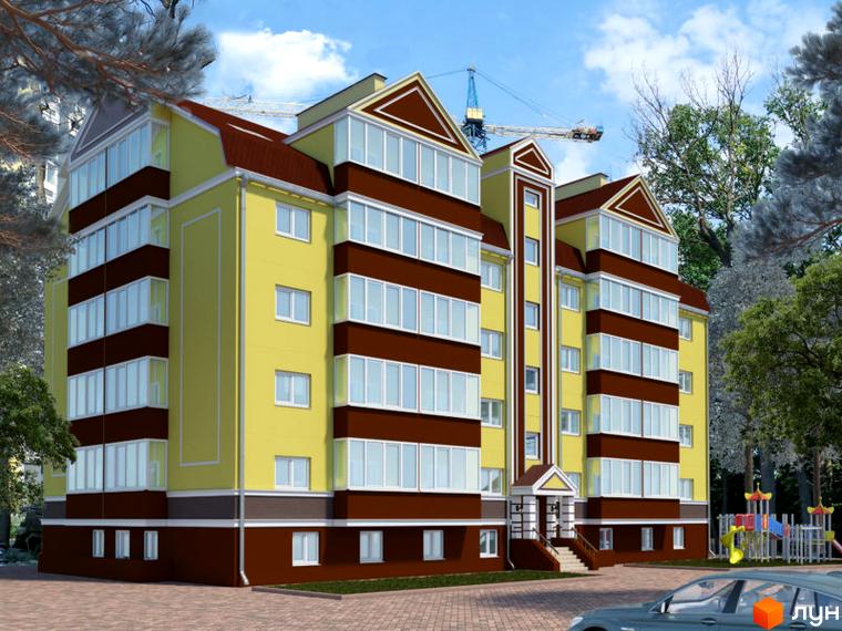 Зображення фасаду та прибудинкової території Житлового комплексу Академквартал-3. Багатоповерховий будинок з коричневими вставками та великими вікнами.